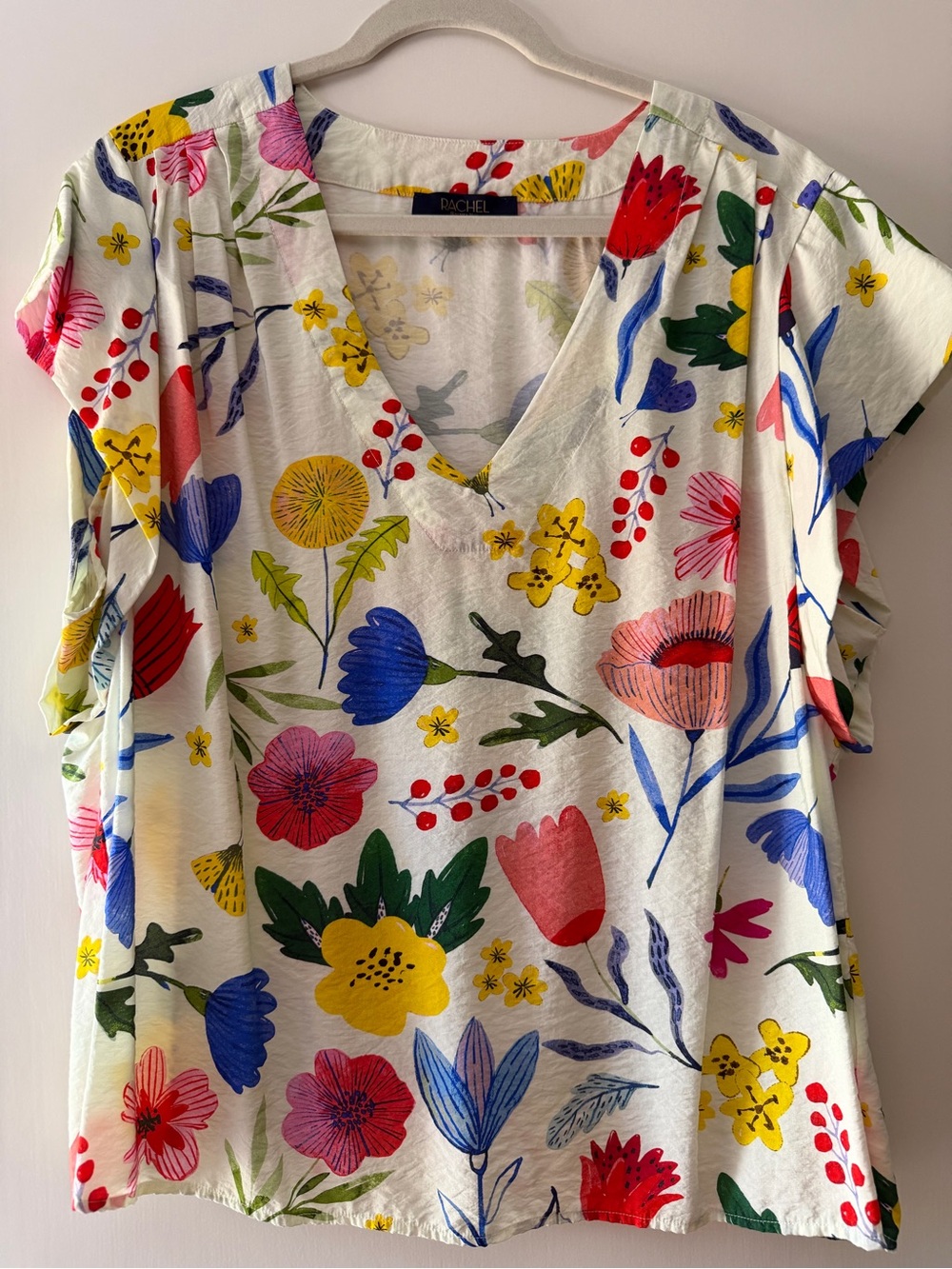 RACHEL Rachel Roy White V-Neck Short Sleeve Floral Tee